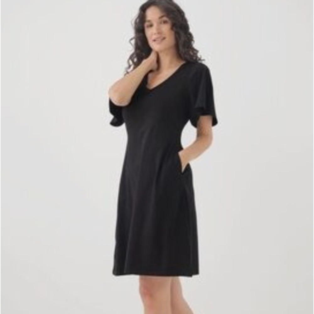 Pact V-Neck Flutter Sleeve A-Line Knee Length Pocket Dress in Black sz L
